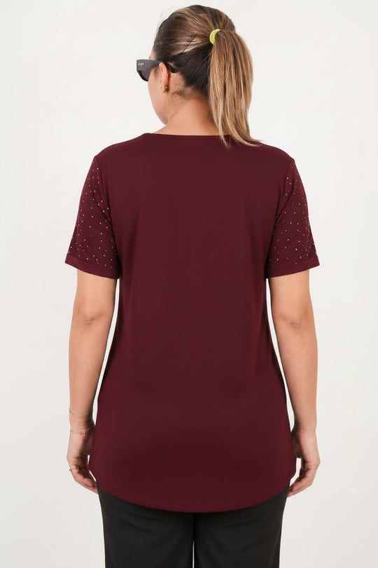 Blouse Met Boothals En Steentjes — Bordeaux (Grote Maten)
