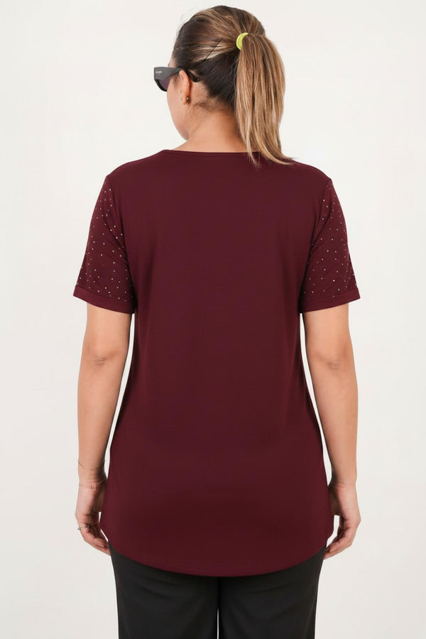 Blouse Met Boothals En Steentjes — Bordeaux (Grote Maten)