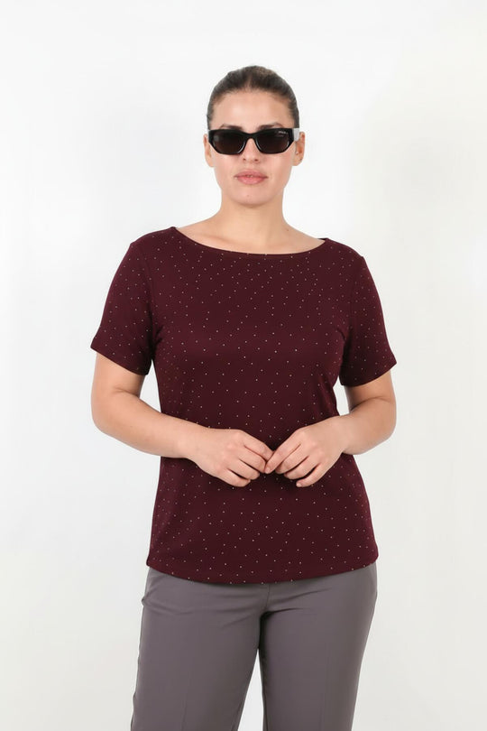 Blouse Met Boothals En Steentjes — Bordeaux (Grote Maten)