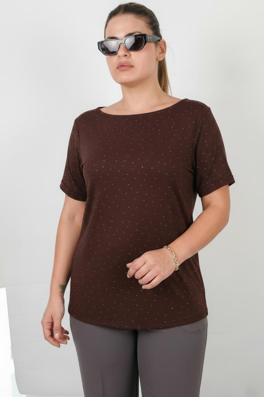Plus - Size Boatneck Blouse Met Zilveren Steentjes — Bruin
