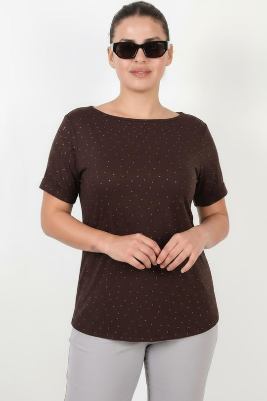 Plus - Size Boatneck Blouse Met Zilveren Steentjes — Bruin