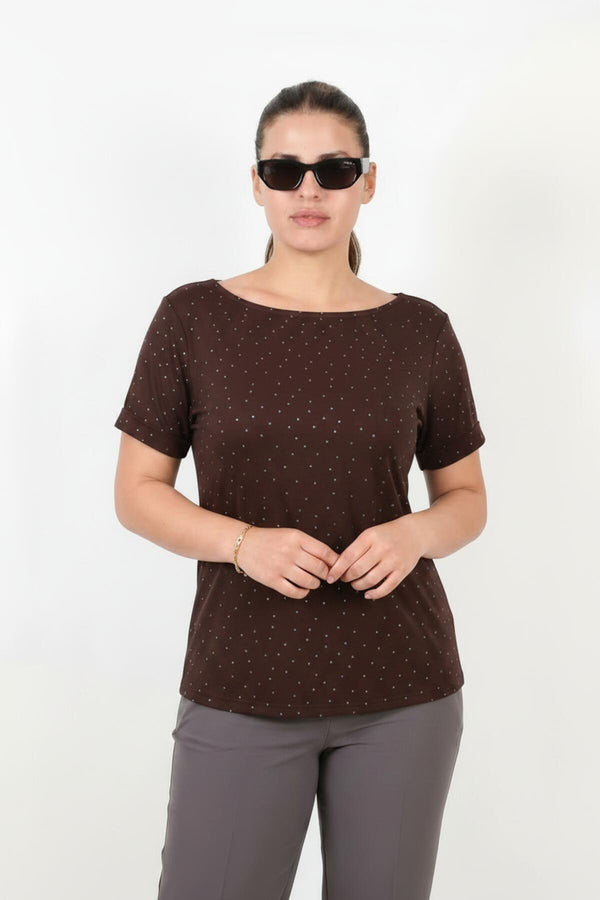 Plus - Size Boatneck Blouse Met Zilveren Steentjes — Bruin