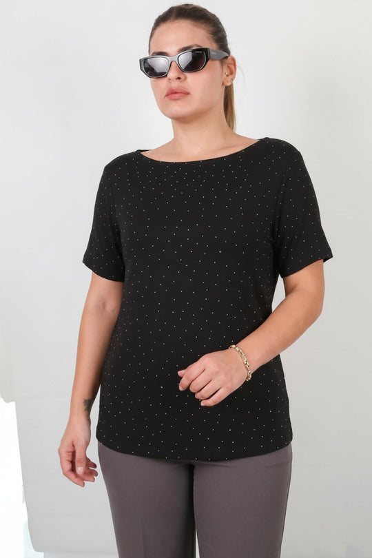 Plus‑Size Blouse Met Boothals En Zilveren Steentjes – Zwart