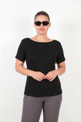 Blouse Encolure Bateau Ornée De Strass Argentés – Noir, Grande Taille