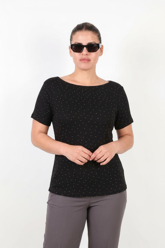 Plus‑Size Blouse Met Boothals En Zilveren Steentjes – Zwart