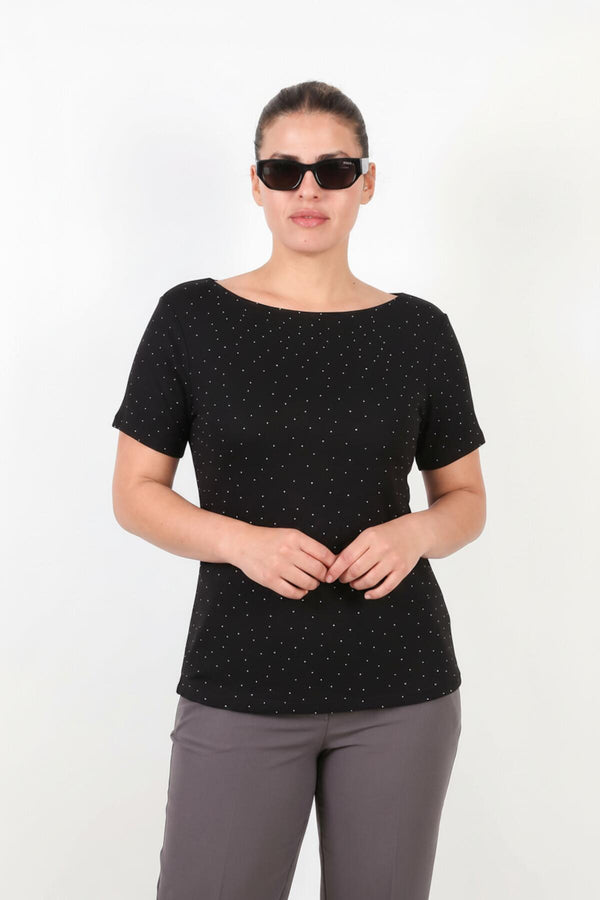 Plus‑Size Blouse Met Boothals En Zilveren Steentjes – Zwart