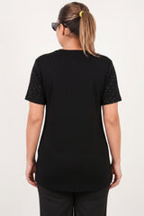 Blouse Encolure Bateau Ornée De Strass Argentés – Noir, Grande Taille