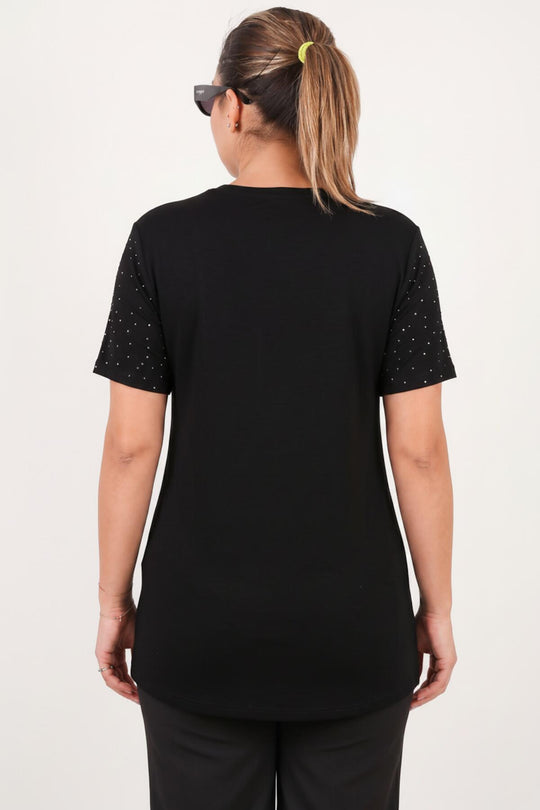 Plus‑Size Blouse Met Boothals En Zilveren Steentjes – Zwart