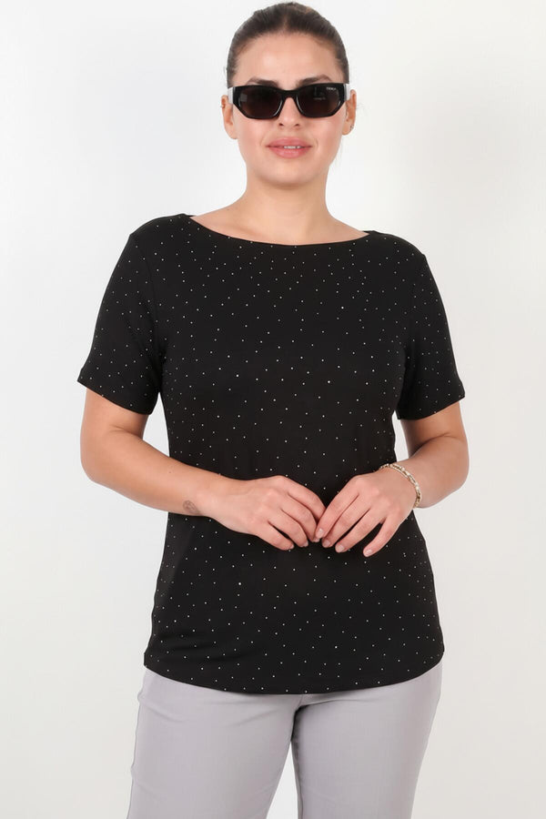Plus‑Size Blouse Met Boothals En Zilveren Steentjes – Zwart