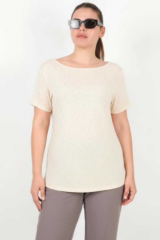 Plus - Size Blouse Met Boothals En Mini Zilveren Steentjes — Off - White