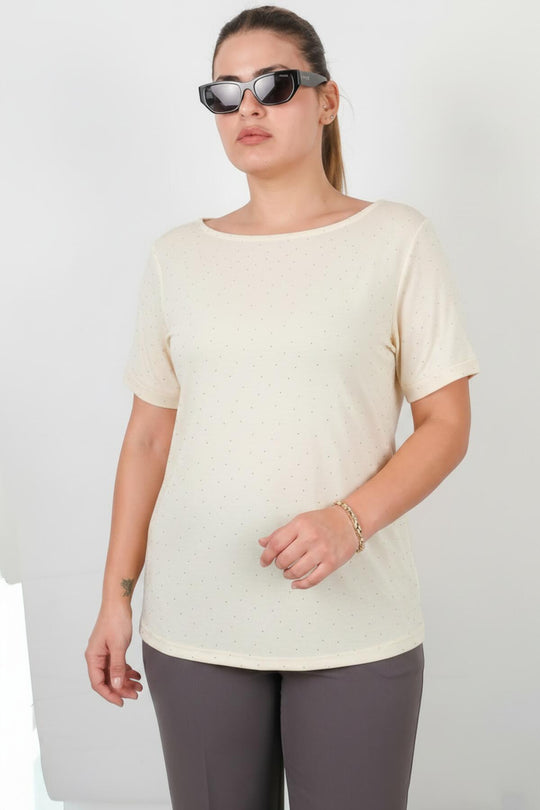 Plus - Size Blouse Met Boothals En Mini Zilveren Steentjes — Off - White