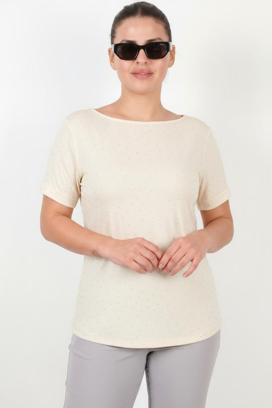 Plus - Size Blouse Met Boothals En Mini Zilveren Steentjes — Off - White