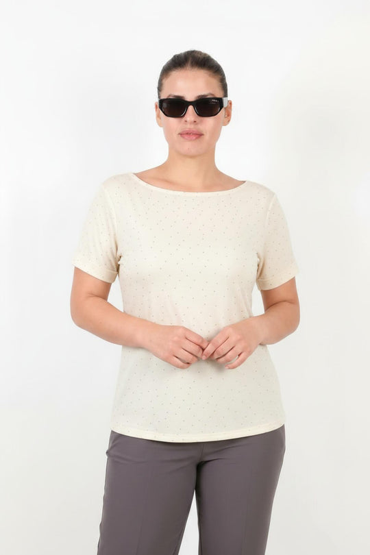 Plus - Size Blouse Met Boothals En Mini Zilveren Steentjes — Off - White