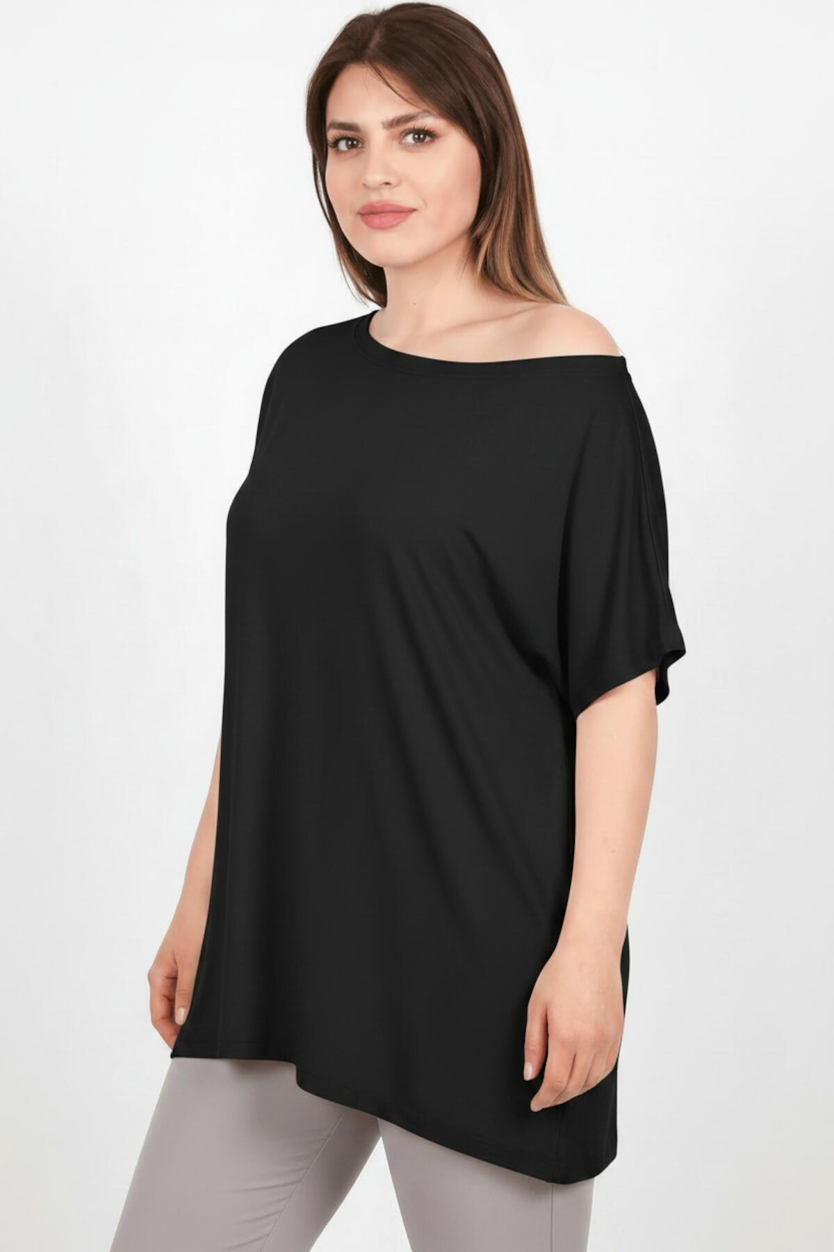 Oversized Off - Shoulder Blouse – Zwart (Grote Maten)