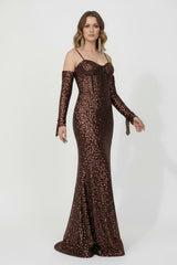 Robe De Soirée Longue À Sequins Avec Manches À Empiècements — Marron