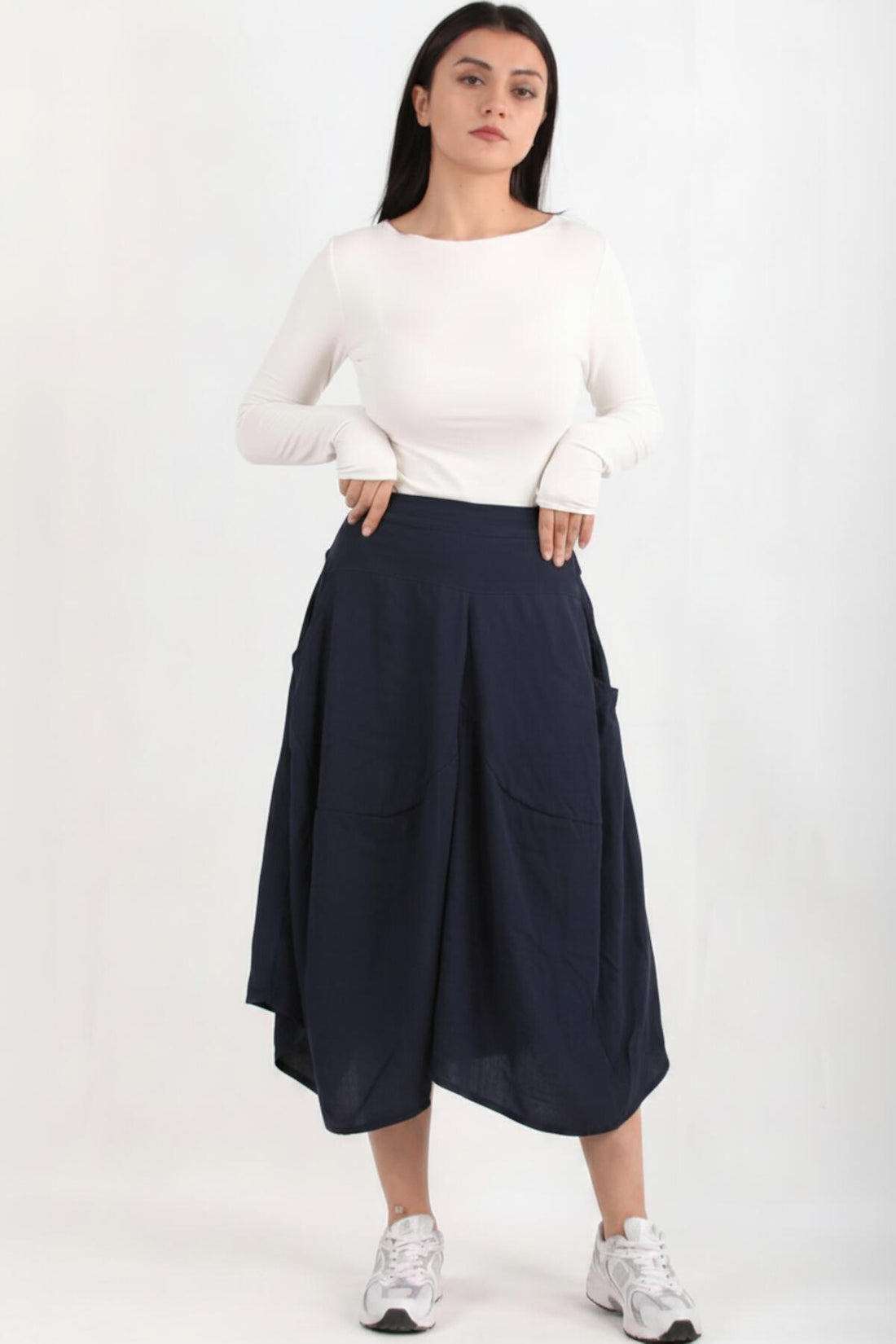 Pantalon Large Court En Tencel, Taille Élastiquée Au Dos – Bleu Marine