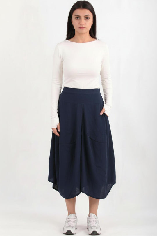 Korte, Wijde Tencel‑Broek Met Elastische Achtertaille – Marineblauw