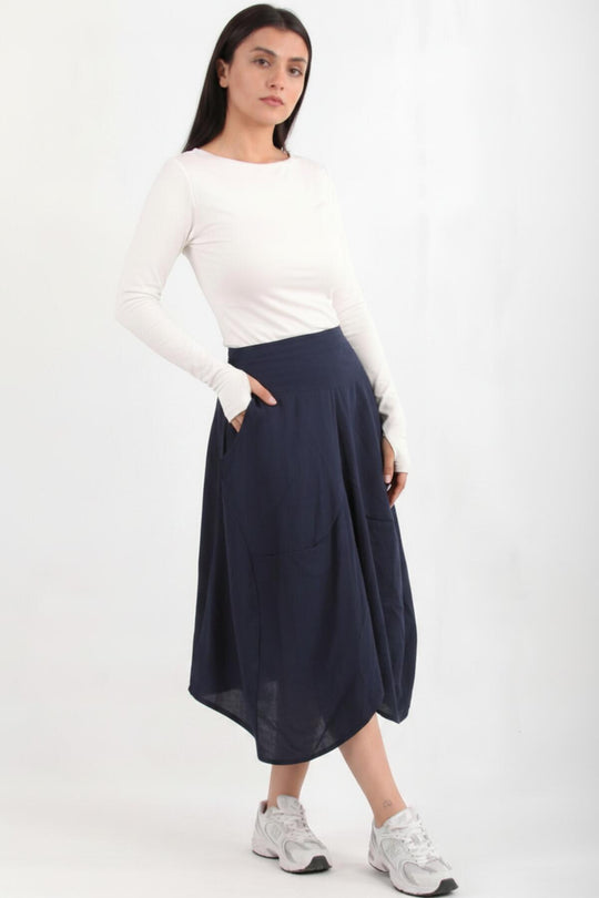 Korte, Wijde Tencel‑Broek Met Elastische Achtertaille – Marineblauw