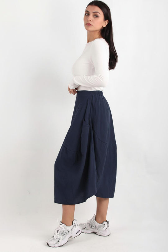 Korte, Wijde Tencel‑Broek Met Elastische Achtertaille – Marineblauw