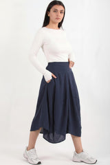 Pantalon Large Court En Tencel, Taille Élastiquée Au Dos – Bleu Marine