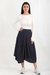 Pantalon Large Court En Tencel, Taille Élastiquée Au Dos – Bleu Marine