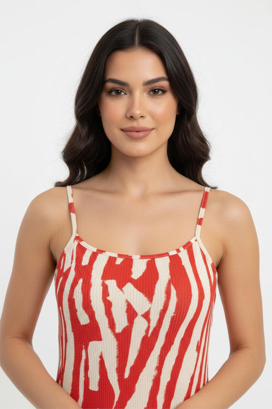Terracotta Dessin Jurk Met Verstelbare Bandjes