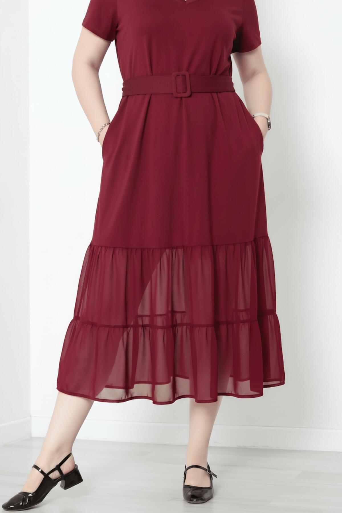 Plus - Size V - Hals Lange Jurk Met Gelaagde Tulezoom – Bordeaux