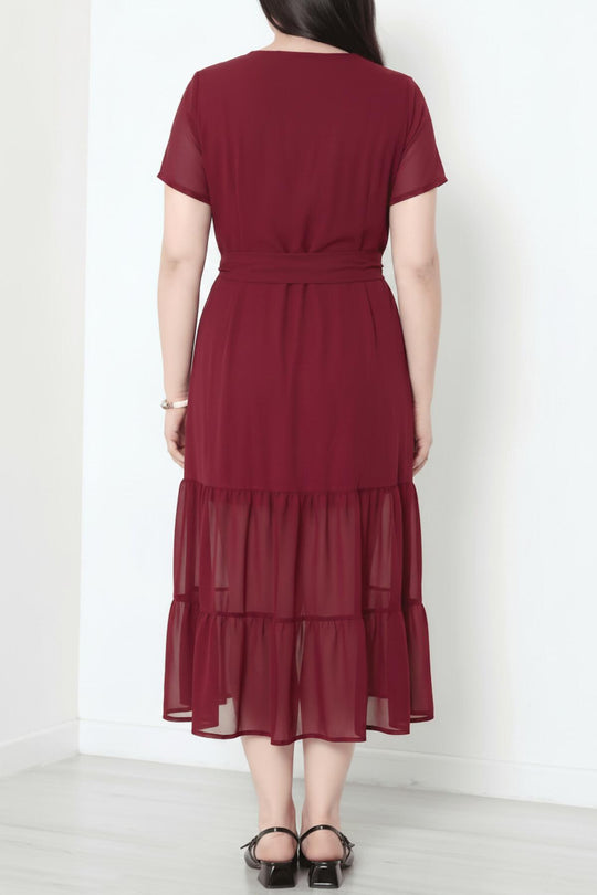 Plus - Size V - Hals Lange Jurk Met Gelaagde Tulezoom – Bordeaux