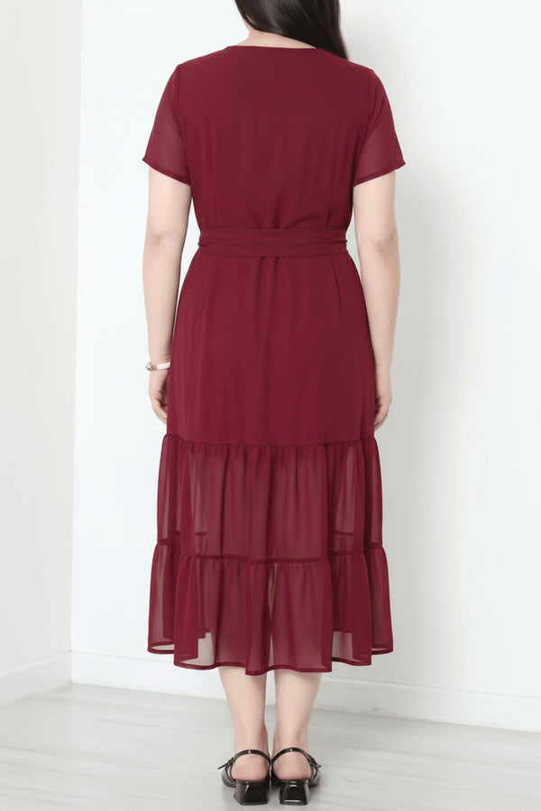 Plus - Size V - Hals Lange Jurk Met Gelaagde Tulezoom – Bordeaux