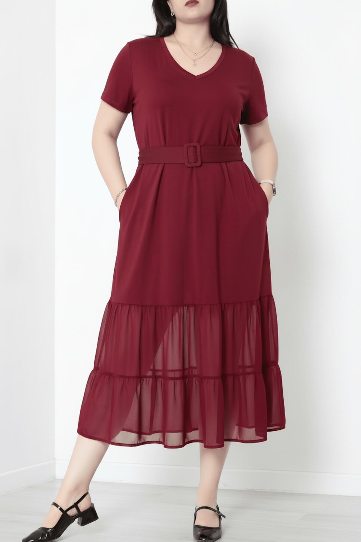 Plus - Size V - Hals Lange Jurk Met Gelaagde Tulezoom – Bordeaux