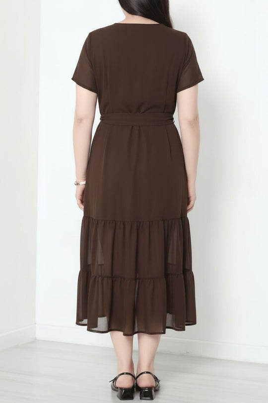 Plus - Size Maxi - Jurk Met V - Hals En Gelaagde Tulezoom, Bruin