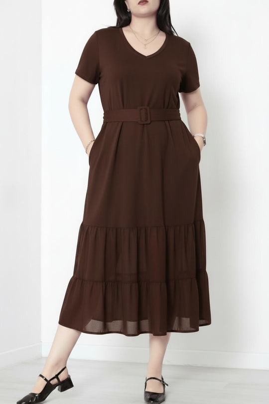 Plus - Size Maxi - Jurk Met V - Hals En Gelaagde Tulezoom, Bruin