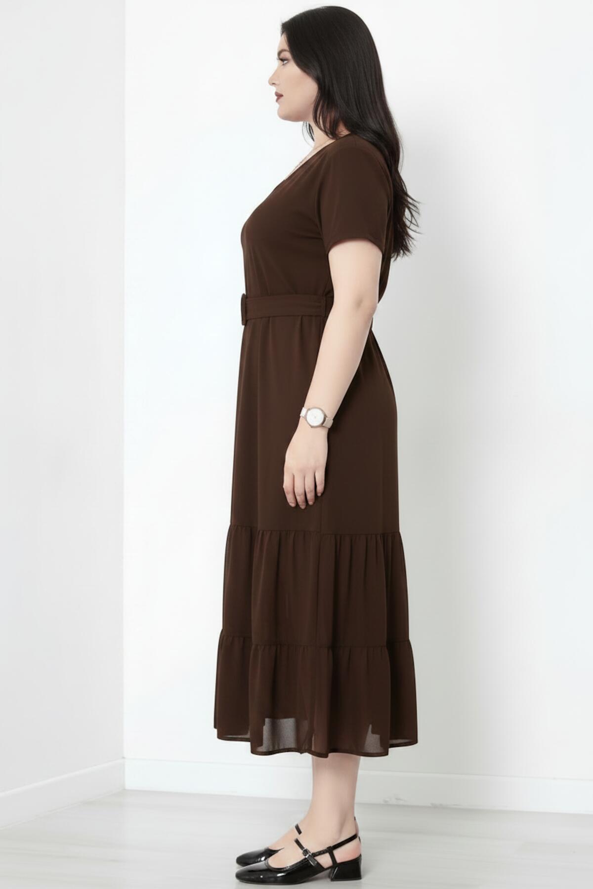Plus - Size Maxi - Jurk Met V - Hals En Gelaagde Tulezoom, Bruin