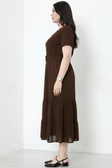 Robe Longue Grande Taille, Encolure V Et Ourlet À Volants De Tulle, Marron