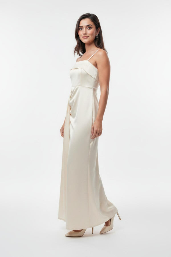 Lange Avondjurk Met Plissédetails, Mouwloos — Off - White