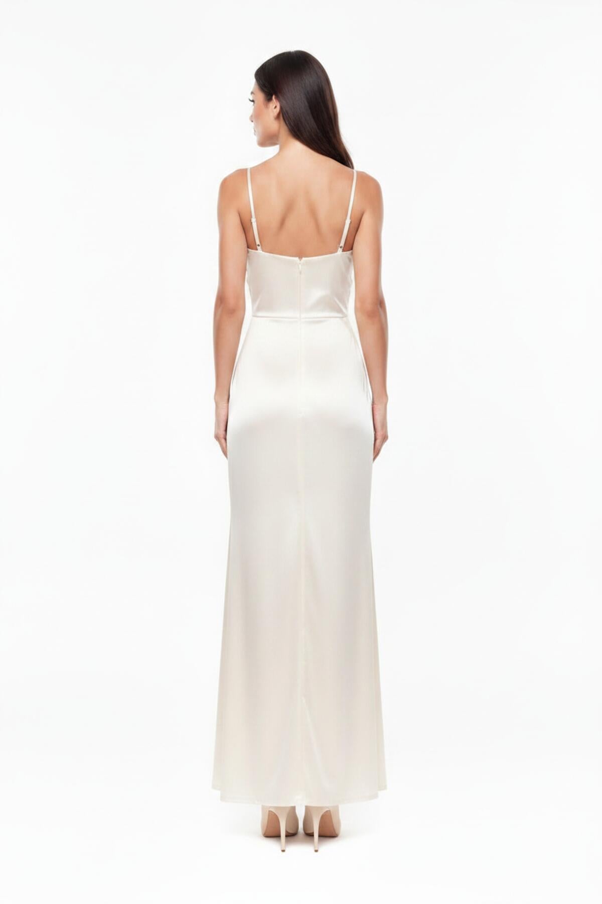 Lange Avondjurk Met Plissédetails, Mouwloos — Off - White