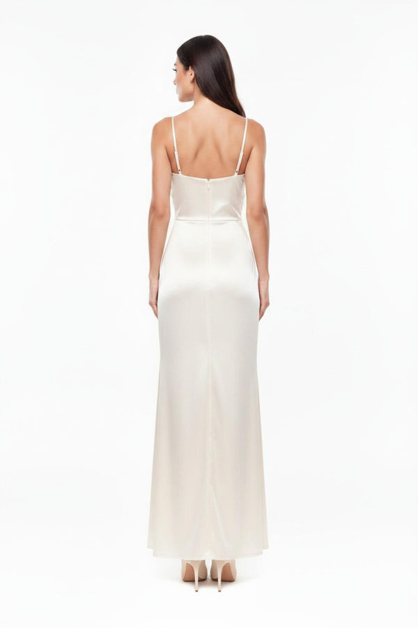Lange Avondjurk Met Plissédetails, Mouwloos — Off - White