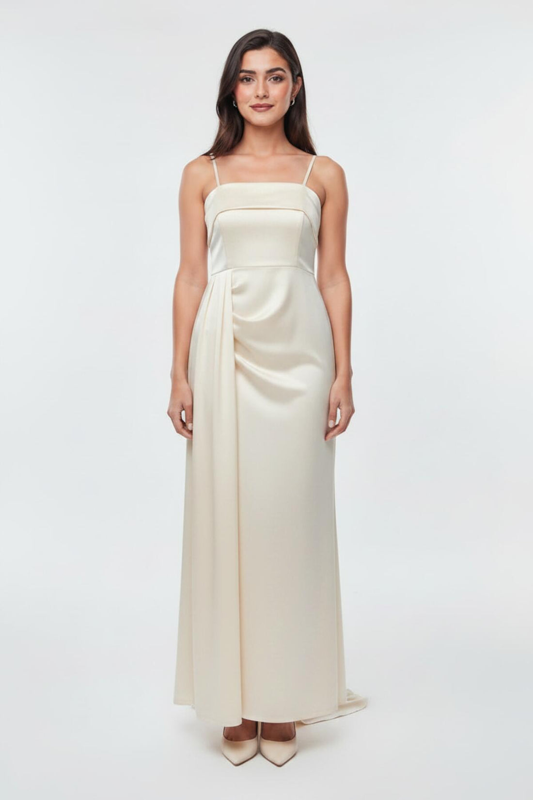Robe De Soirée Longue Plissée, Sans Manches — Écru