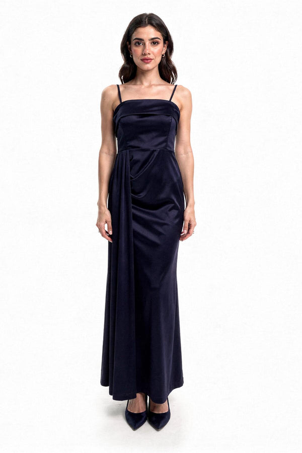 Mouwloze Lange Avondjurk Met Plooien – Marineblauw