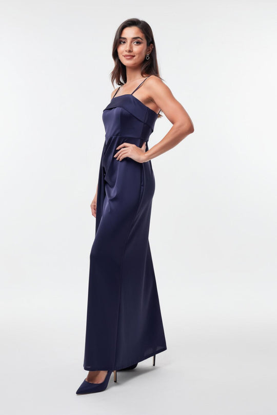 Mouwloze Lange Avondjurk Met Plooien – Marineblauw
