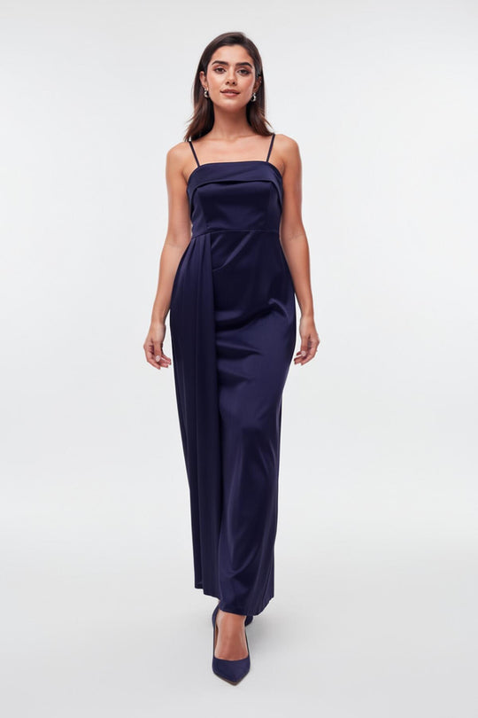 Mouwloze Lange Avondjurk Met Plooien – Marineblauw
