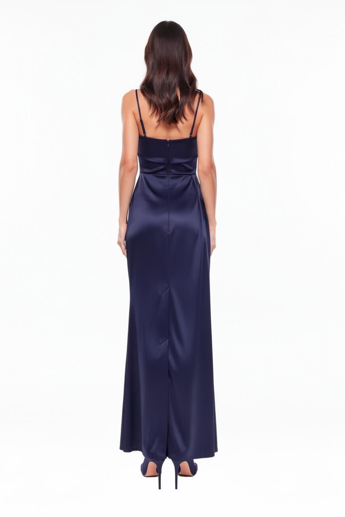 Mouwloze Lange Avondjurk Met Plooien – Marineblauw