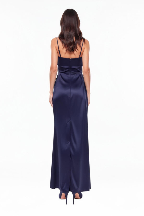Mouwloze Lange Avondjurk Met Plooien – Marineblauw