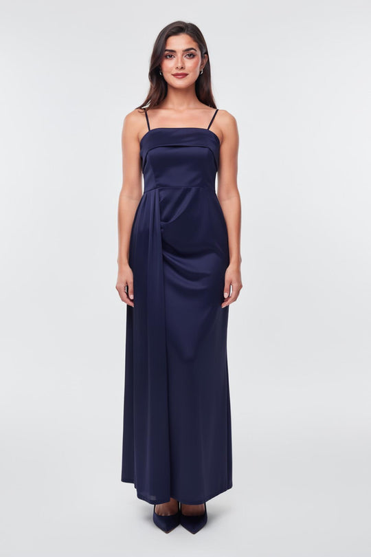 Mouwloze Lange Avondjurk Met Plooien – Marineblauw