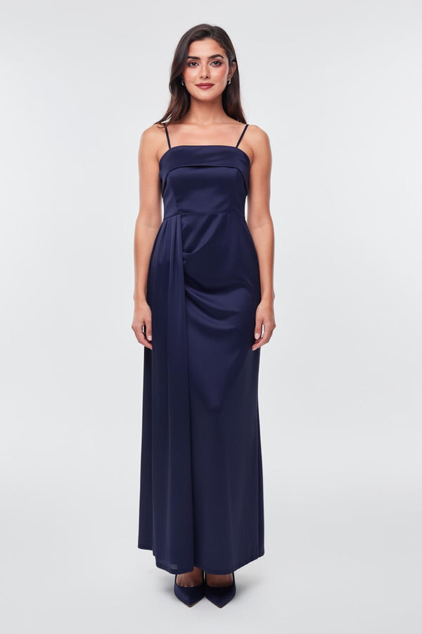 Mouwloze Lange Avondjurk Met Plooien – Marineblauw