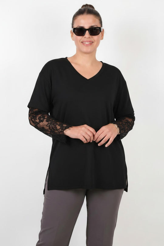 Blouse Met Kanten Mouwen — Zwart — Grote Maten