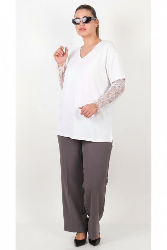 V - Hals Blouse Met Kanten Mouwen – Grote Maten, Wit