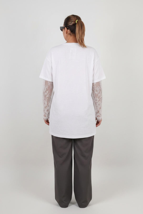 V - Hals Blouse Met Kanten Mouwen – Grote Maten, Wit