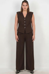 Ensemble Gilet À Col V — Marron — Grandes Tailles