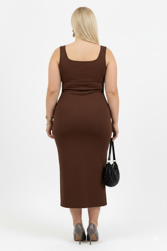 Plus - Size Mouwloze Jurk Met Vierkante Hals - Bruin